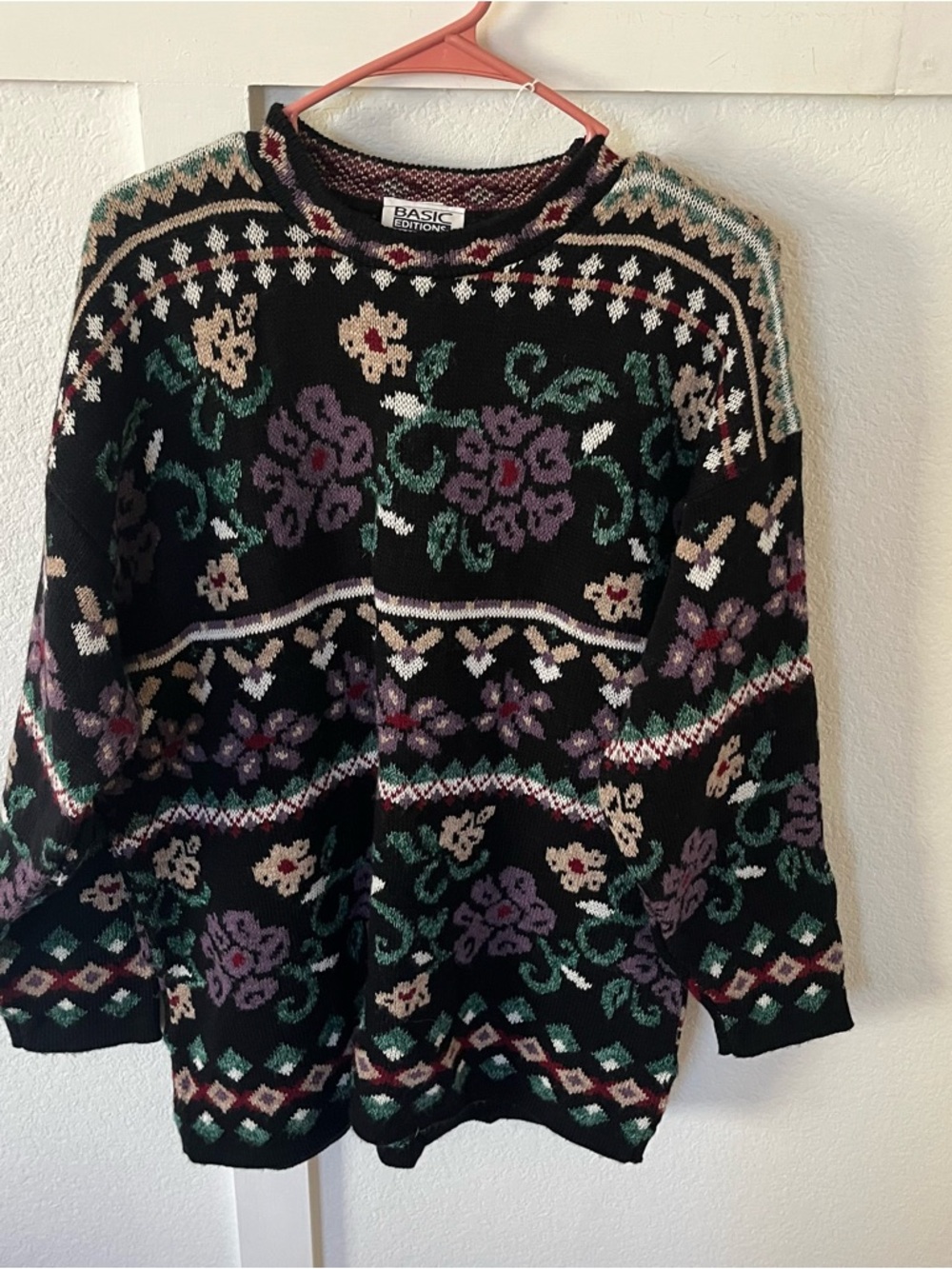 Vintage Basic Edition Women's Large Floral Knit Crewneck Sweater